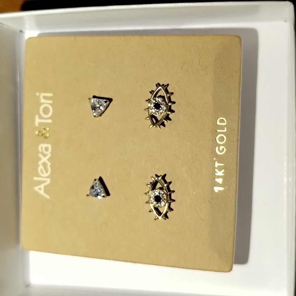 14kt Gold 2 pair CZ earring studs Eye / Triangle Alexa & Tori nwt